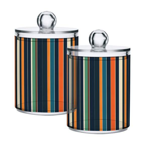 Yayeee 2 Pack Qtip Holder Bathroom Cotton Swab Canister with Lid Clear Dispenser Set, Navy Blue Stripes