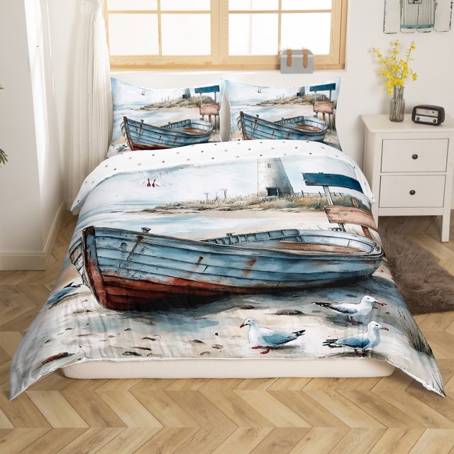 Erosebridal Housse de Couette Phare Bateau Simple, Literie Plage Mer Taille Simple, Décor Océan, Réversible, Respirant, 2 Pcs (Sans Couette)