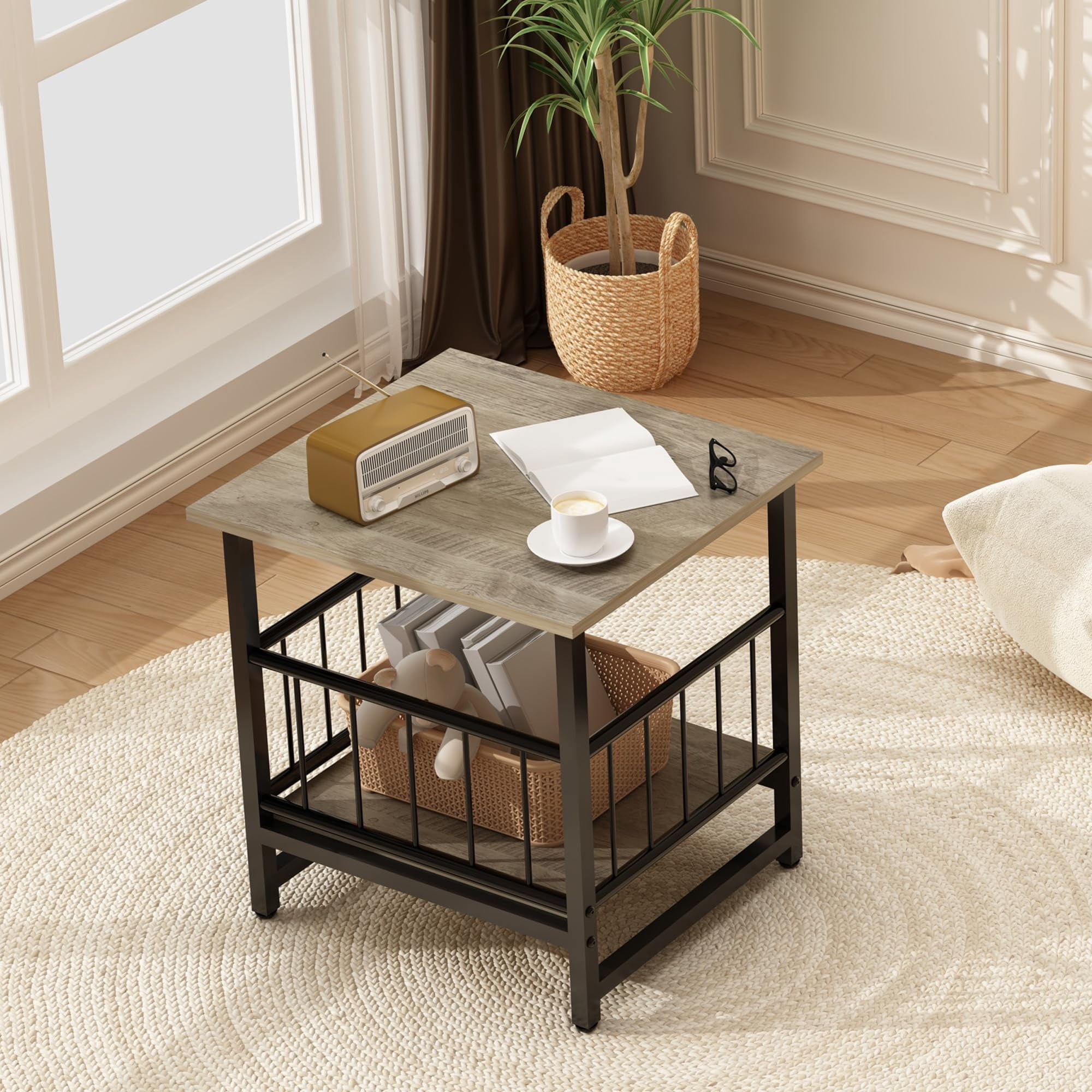 End Table  Industrial Side With 2-tire Storage Shelf 180lbs Mini Fridge Stand Adjustable Feet 18"x18" Wood Night Small Bedside For Living Room Bedroom Grey