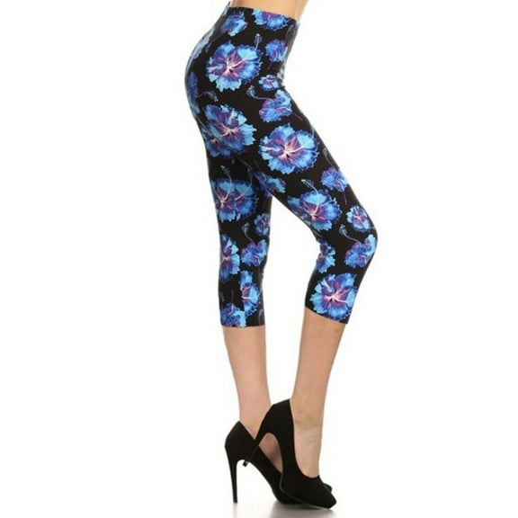 Multi-color Print, Cropped Capri Leggings In A Fitted Style With A Banded High Waist Black/Blue