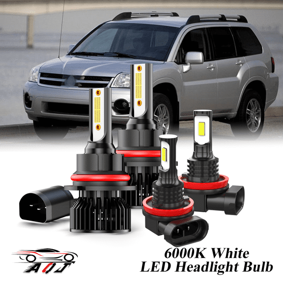 Juego Combinado de Bombillas LED Mitsubishi Endeavor 2006-2011 para Luz Alta/Baja + Antiniebla, Kit de 4 Unidades: 2x 9007/HB5 para Faros Principales + 2x H11/H8/H16 para Faros Antiniebla