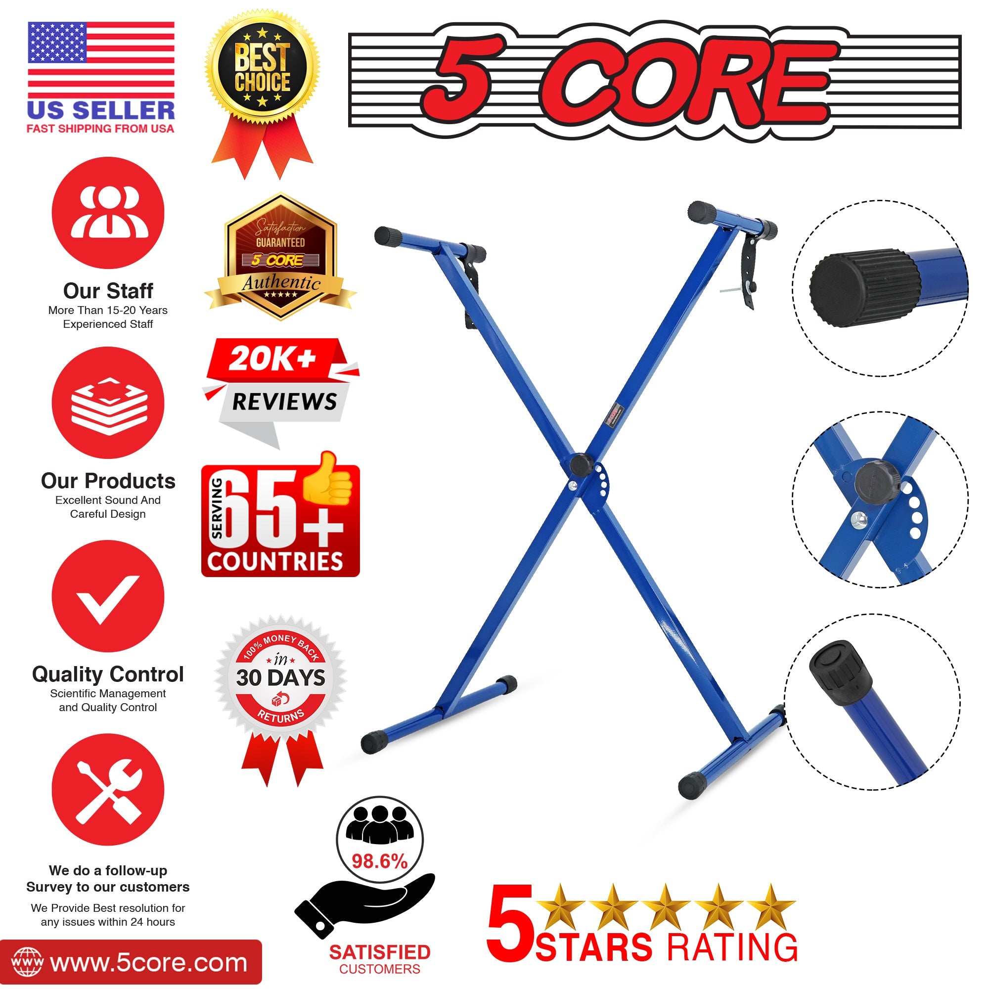 5Core Piano Keyboard X Stand Electric Organ Rack Folding Metal Height Adjustable, Capacity of 110lbs - KS 1X BLU