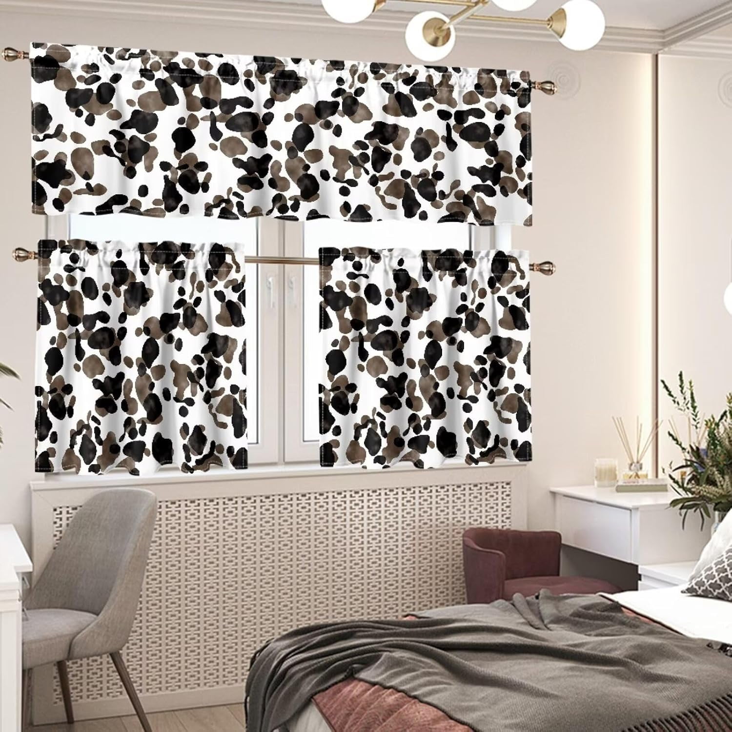 Black Cow Spot Print 3 Piece Kitchen Window Curtain Panel Tiers and Valance Set Kitchen Curtain Set Kitchen Curtain Set with Valance Home Decor 53.9x17.7 Inch+27.5x24 Inch*2