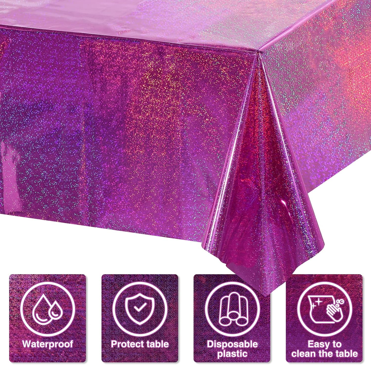QIANJIA 4 Pack Iridescent Pink Plastic Tablecloths Shiny Disposable Laser Rectangle Table Covers,Holographic Foil Tablecloth Iridescent Party Decorations for Birthday Wedding Christmas, 54x108Inch