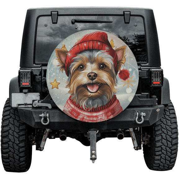 Lotusprinthandmade Merry Christmas Cute Yorkshire Terrier Spare Tire Cover Without Backup Camera Hole 6 Sizes (27 in.)