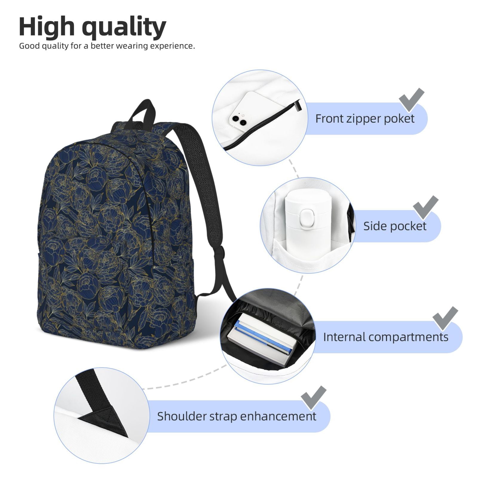 Travel Laptop Backpack - Golden Peonies Lightweight Canvas Backpack, Wear Resistant Computer Backpack Bag Fit {sizeName} Laptop for Men Women with Adjustable Padded Shoulder Straps