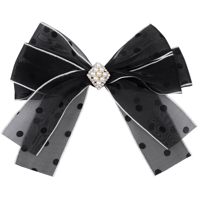 INSPIRE CHIC Elegante broche de clip para mujer, lazo de malla con puntos de polka y cuentas para ocasiones especiales, negro