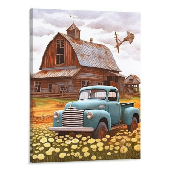 Creowell Farmhouse Decor Wall Art - Teal Barn Red Truck Windmill Pictures Canvas Paintings Rustic Country Landscape Artwork Wall Decor Framed (Red) 16x20 Inches