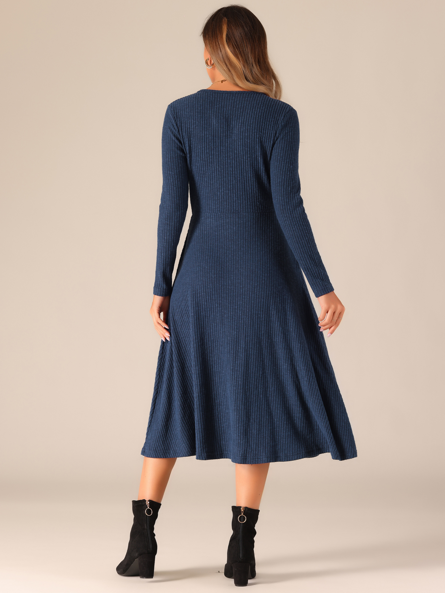 DARING DIVA Knit Ribbed Midi Deep V Wrap A-Line Dress S Navy Blue