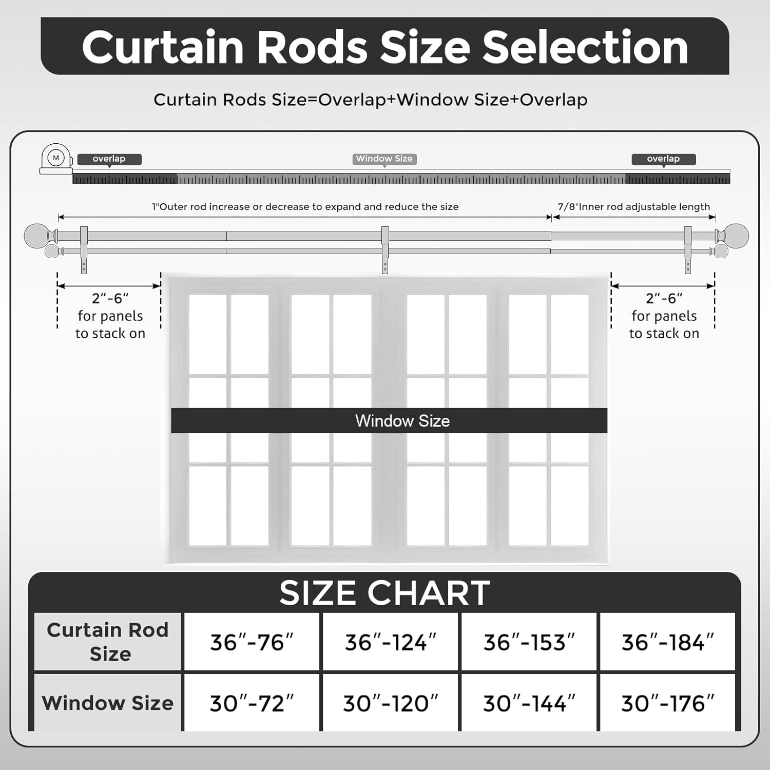 Black Double Curtain Rod 36-124 Inch, Boho Decorative Long Dual Curtain Rods for Windows, 1" Adjustable Heavy Duty Double Rod, Unique Handmade Leaf Finial Design