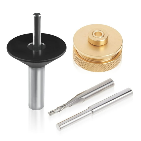 POWERTEC Solid Carbide Downcut Spiral Router Bit 1/4 Shank with Router Bushing, Collar, Alignment Pin, and Router Base Plate Centering Pin and Cone Set with 1/2" and 1/4" Ends (72132N)