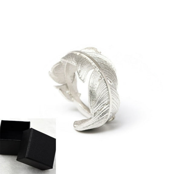925 Silver Ring Female Feather Ring Simulation Feather Texture Adjustable Ring