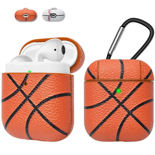 Apple Airpods Case Skin, Takfox AirPods Accessories Case for Airpods 1 & 2 Portable Protective Anti-Scratch PU Leather Cover Skin for Airpods 1 & AirPods 2 [Front LED Visible] w/ Keychain -Basketball