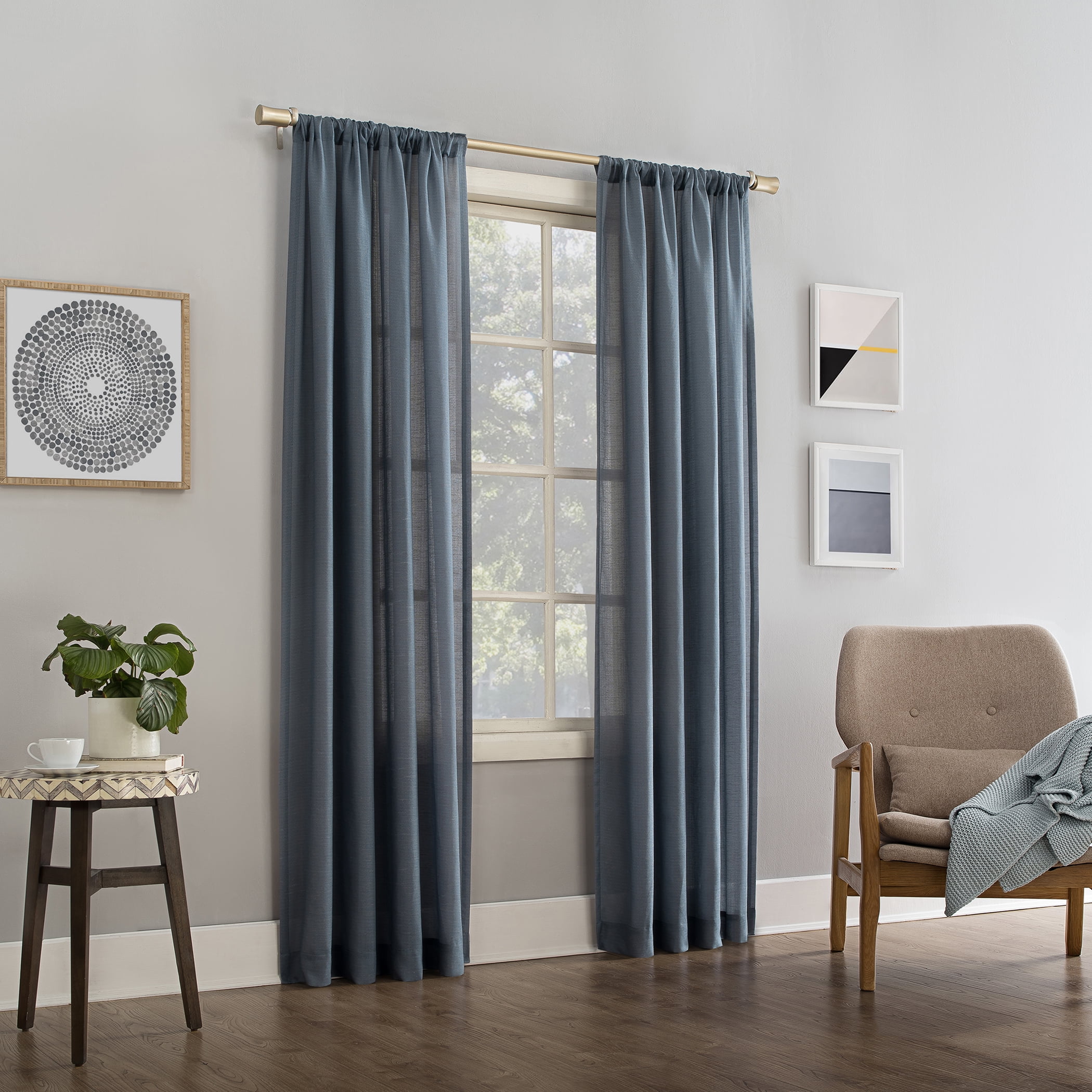 No. 918 Daniela 1-Piece Linen Blend Semi-Sheer Rod Pocket Curtain Panel, 54"x63", Denim Blue