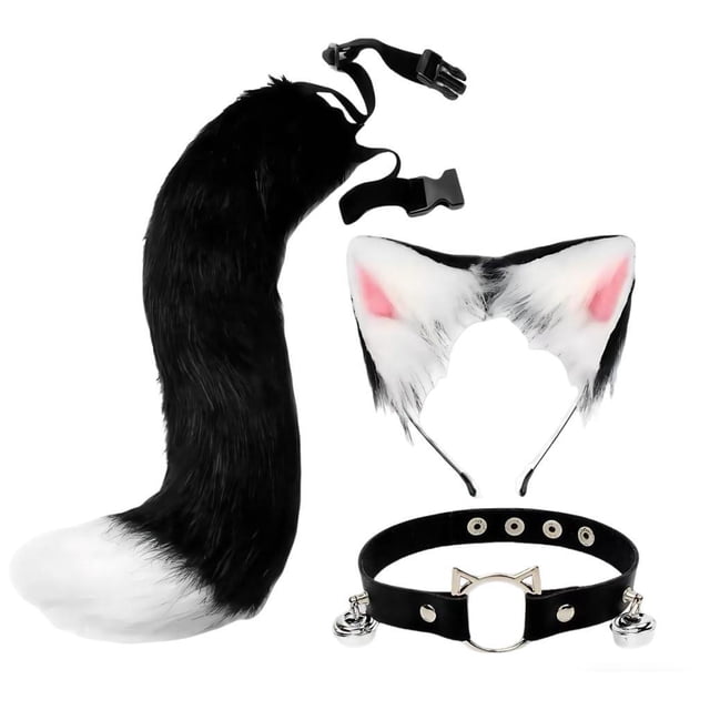 Conjunto de orejas y cola de gato y zorro, diadema con aro y cascabel para cumpleaños, juegos de rol y carnaval. Blanco y negro
