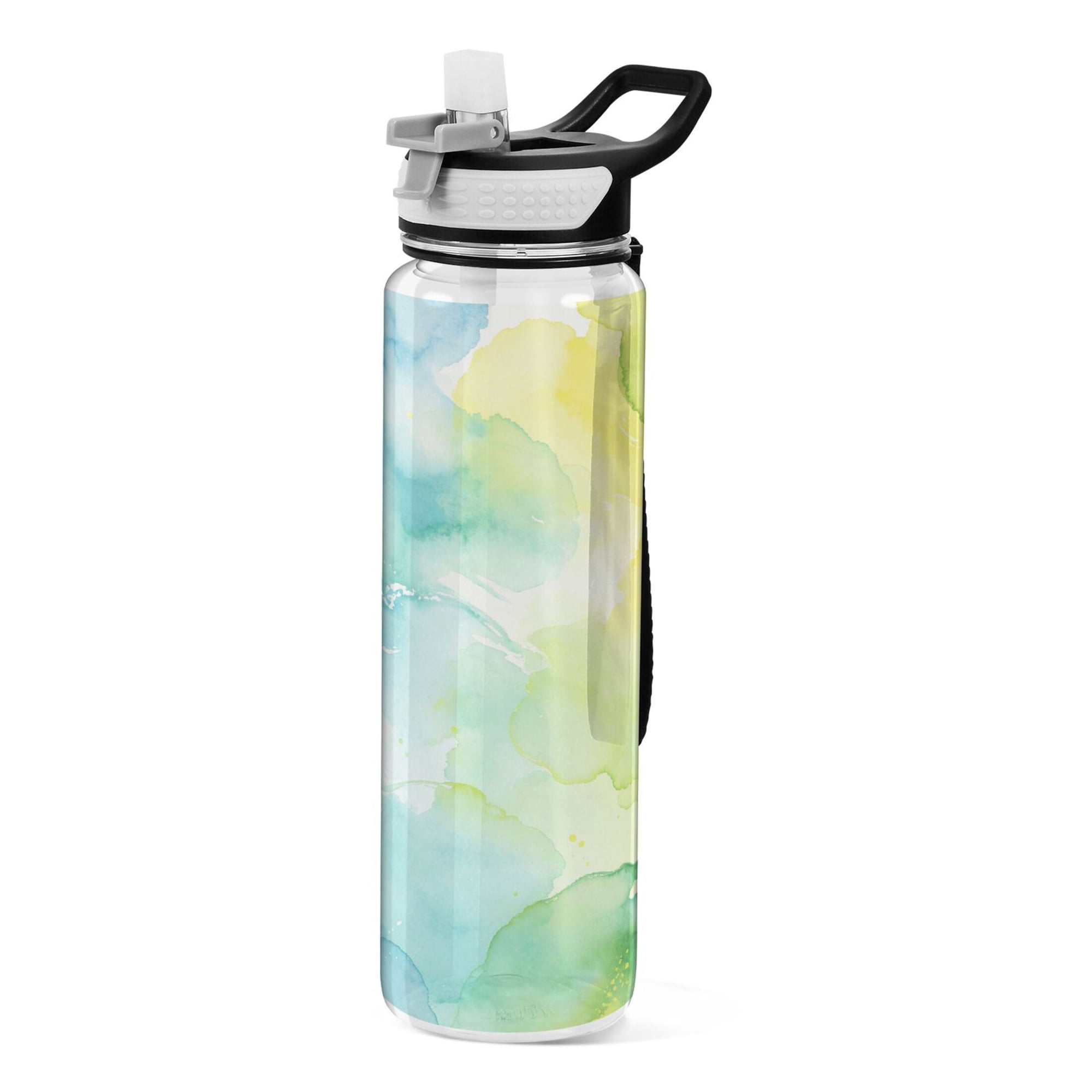 1000ml Clear Water Bottles with Handle and Locking Lid Quality Tritan Sport Bottle Straw for Gym Travel Blue-yellow Watercolor Printed