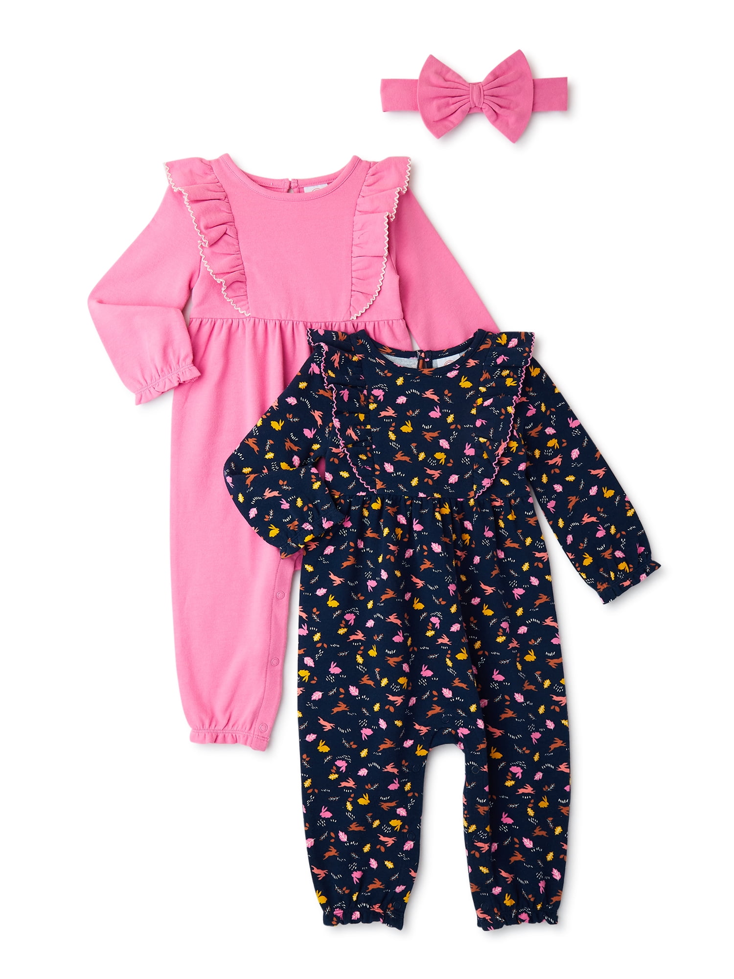 Wonder Nation Baby Girl Rompers with Long Sleeves and Headband, 2Pack