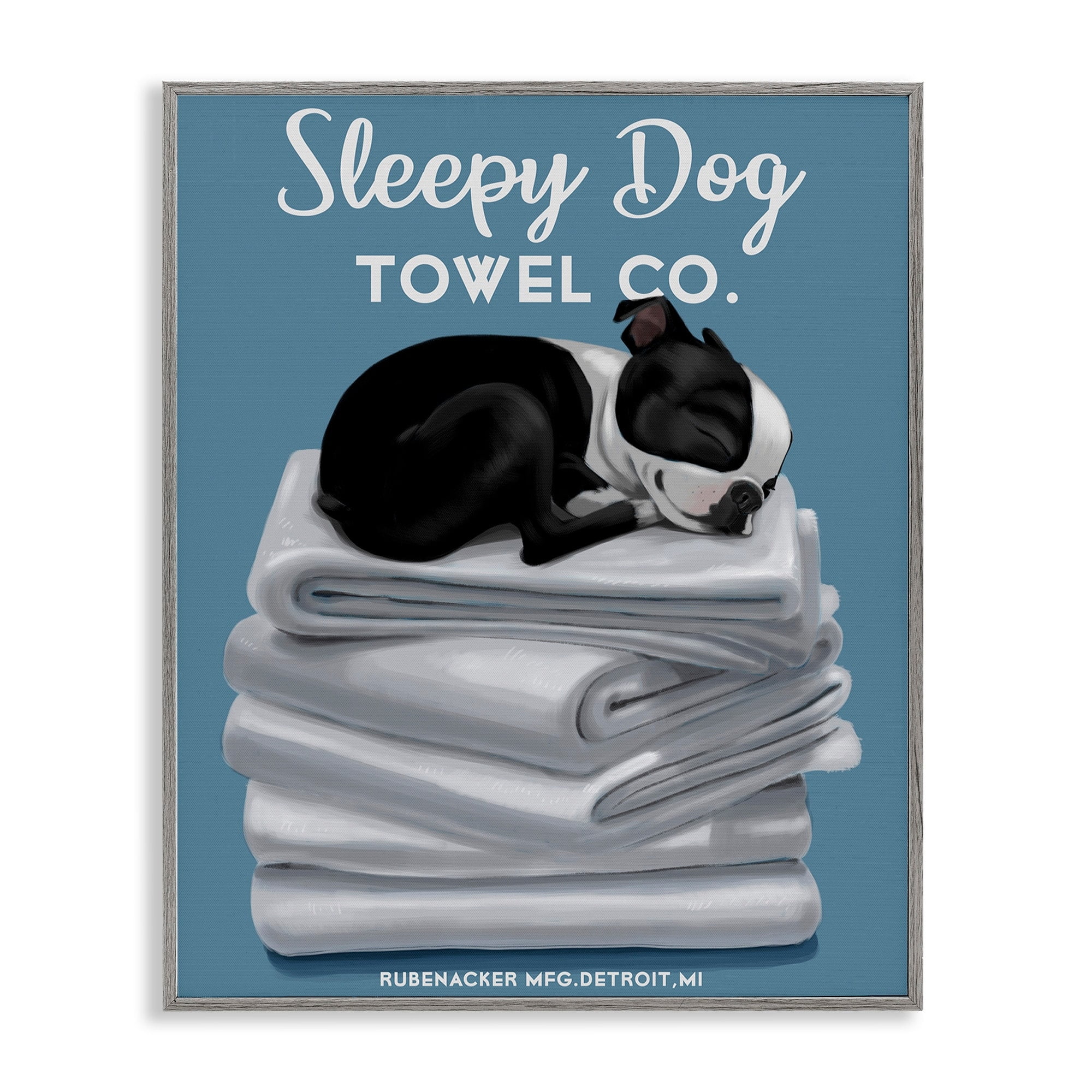 Stupell Industries Sleepy Dog Towel Co. Adorable Boston Terrier Bathroom, 16 x 20, Design by Brian Rubenacker