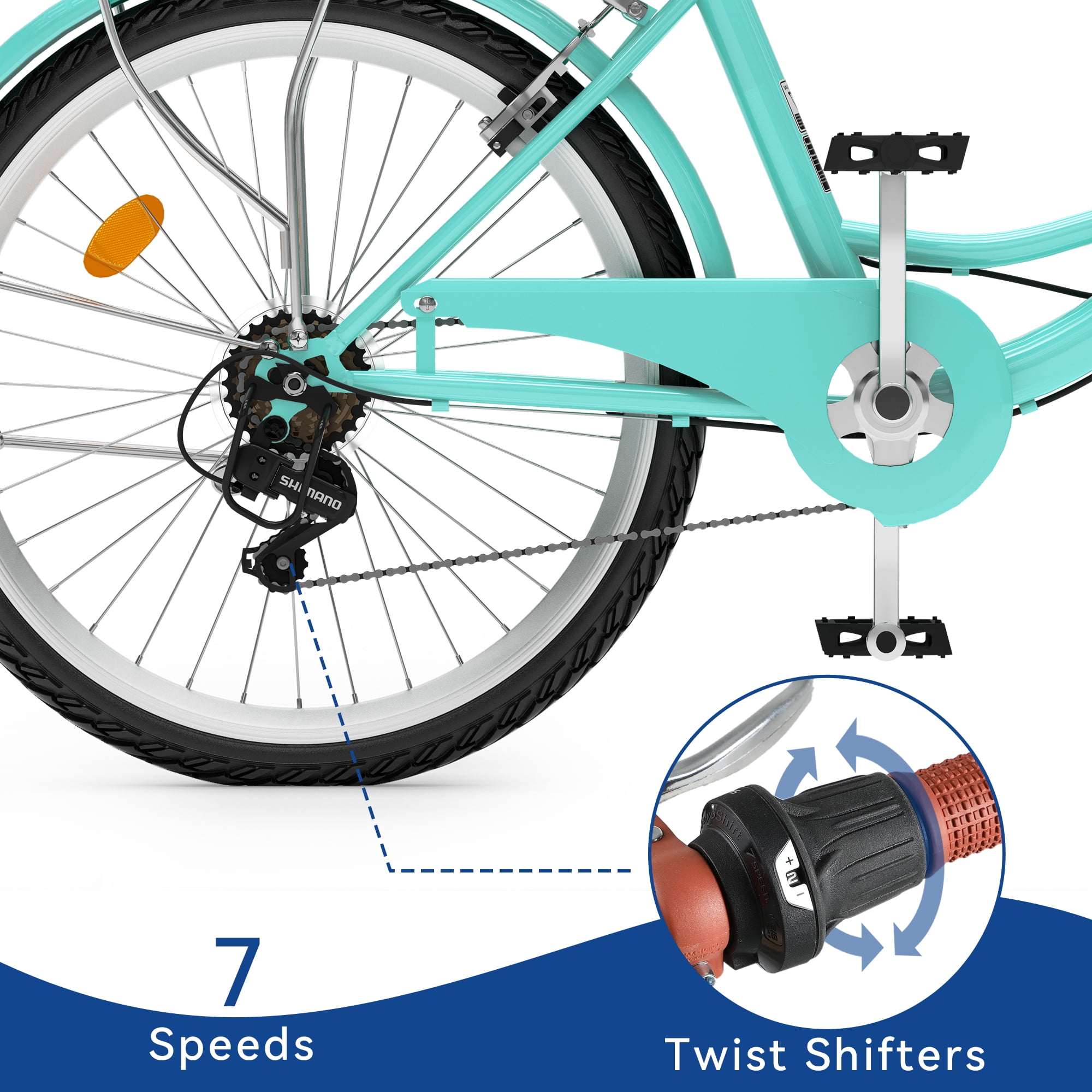 Uforic 26" Beach Cruiser Bike for Adults – 7 Speed, Adjustable Seat in Mint Green