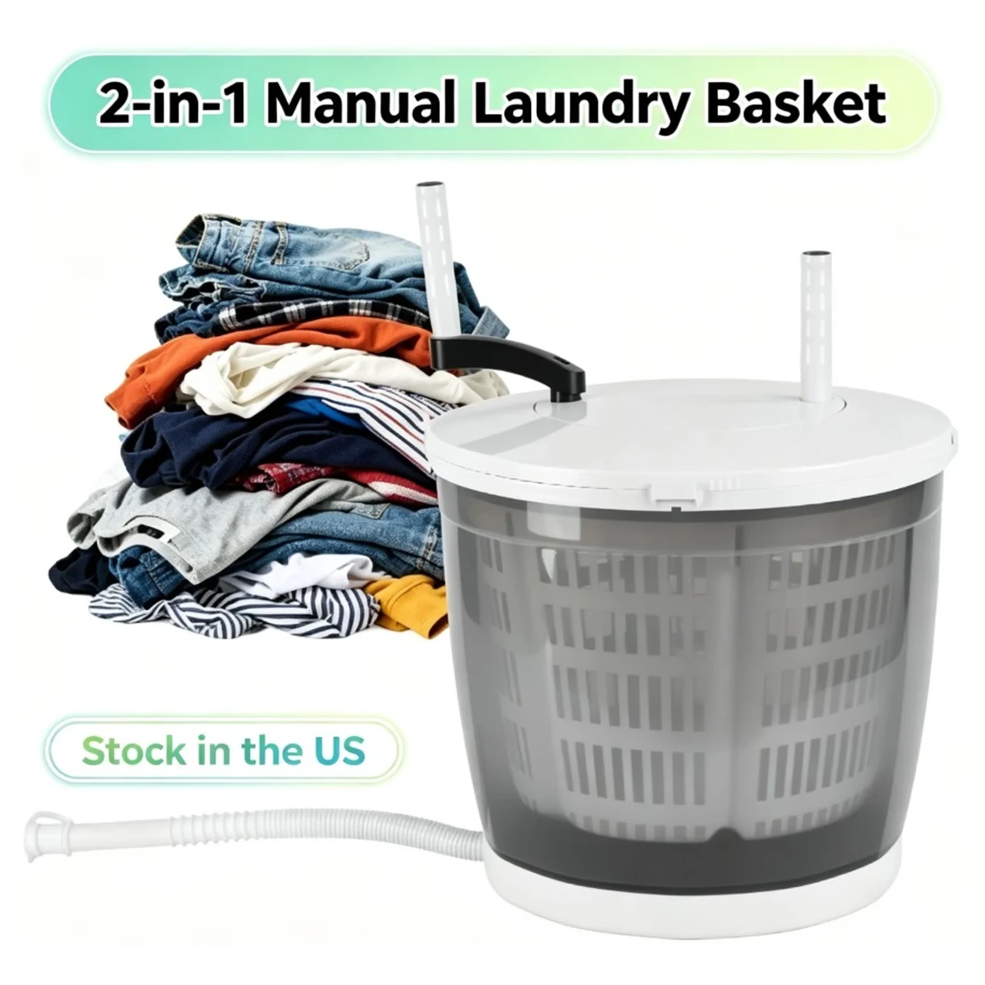 Fompes Manual Washing Machine,2-in-1 Manual Laundry Basket,Hand-Crank Portable Washer & Spin Dryer No Electricity Needed, Suction Cup Base, 2kg Capacity (Light Grey)