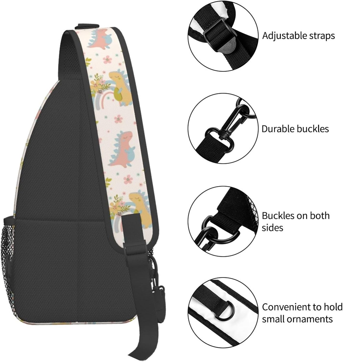 Dino Dreams Boho Rainbows Flower Sling Bag Crossbody Hiking Travel Chest Bags Backpack Shoulder Daypack for Women Men