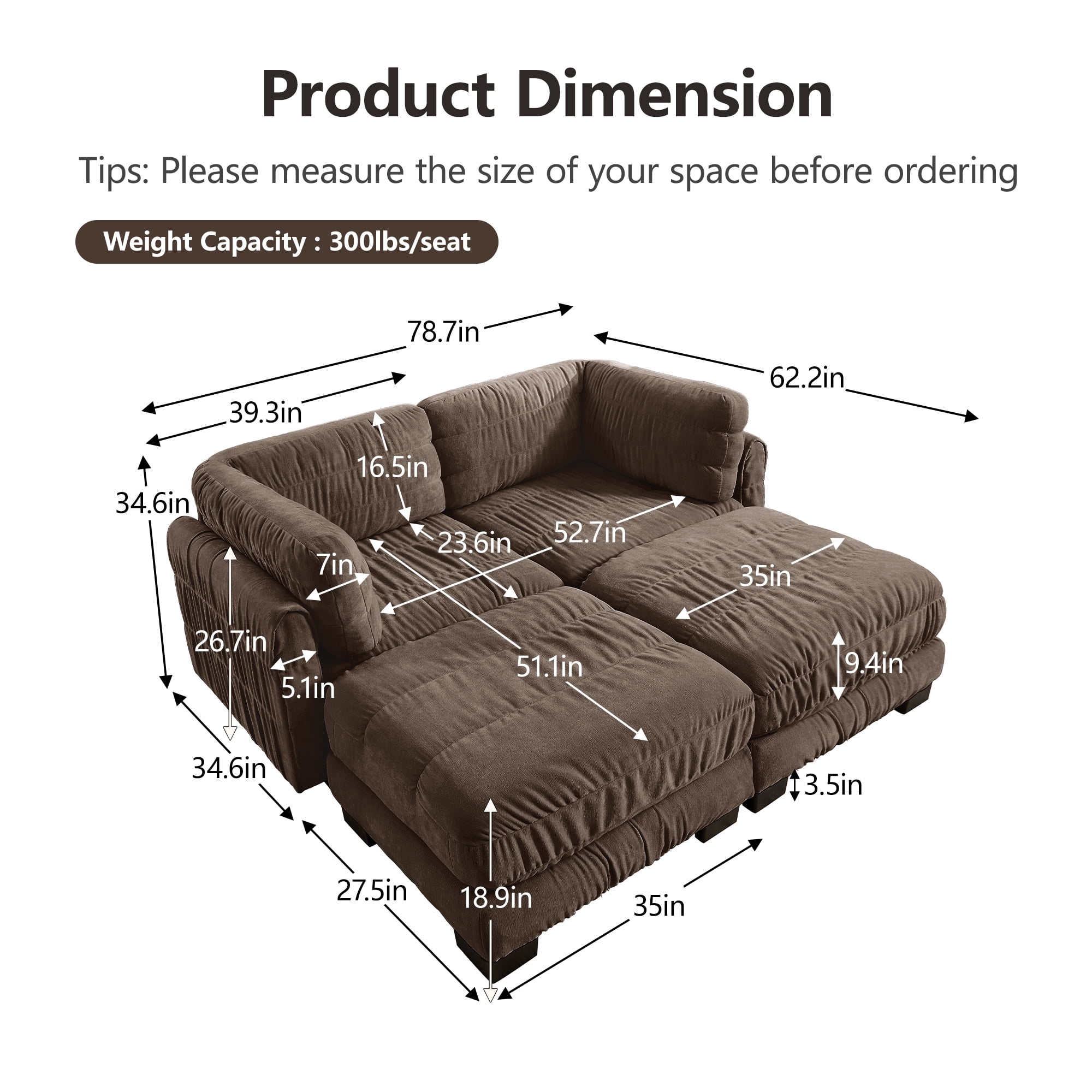 78" 2 Seat Chenille Modular Sectional Sofa with 2 Movable Ottoman and L Shape Back Cushions,Easy Assembly