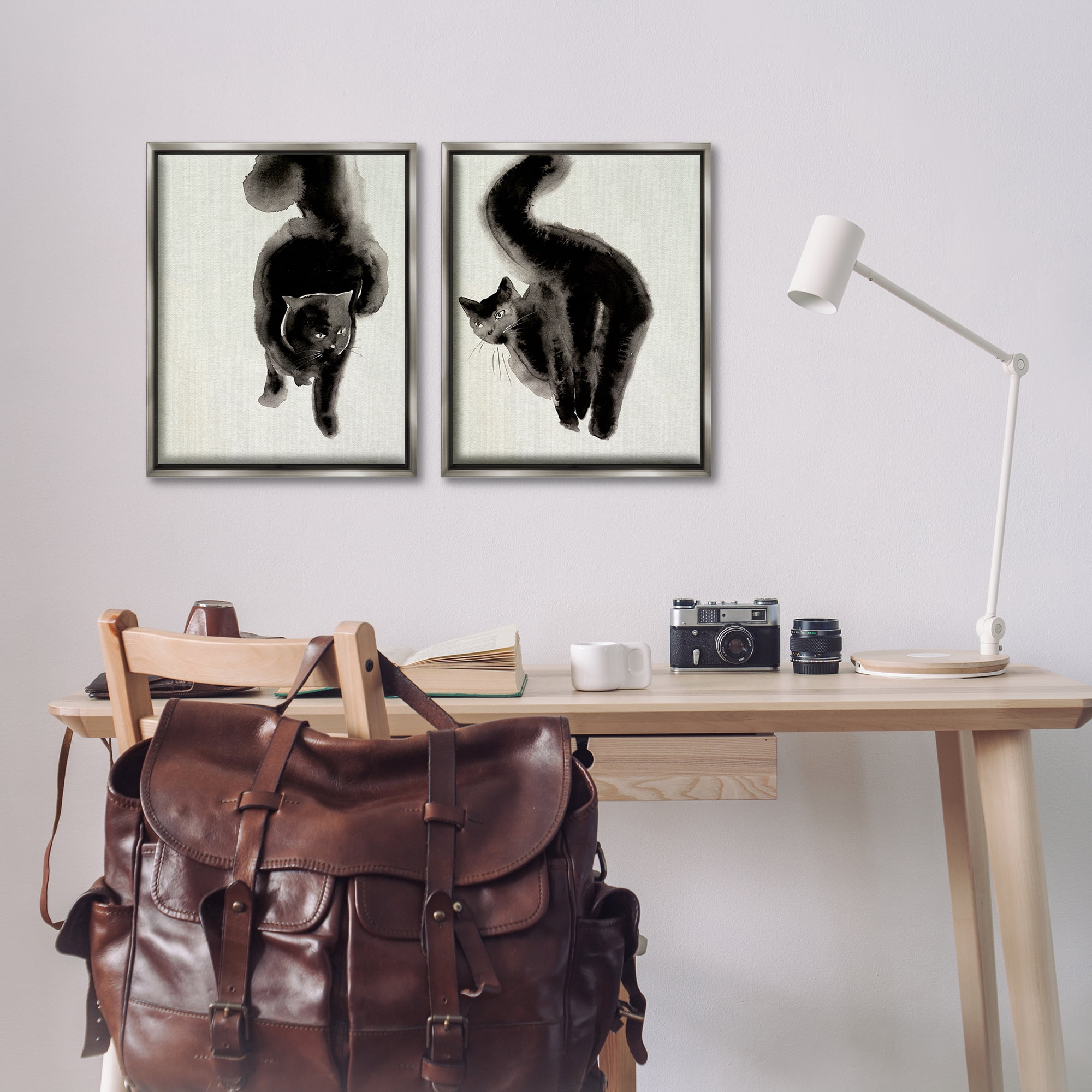Stupell Industries Minimal Black Cats Animals Painting Gray Floater Framed Canvas Art Print Wall Art, 17 x 21, Set of 2