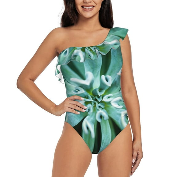 Rateoe Teal Cactus Pattern Women One Piece Swimsuits Tummy Control One Shoulder Bathing Suits Ruffle Swimwear-