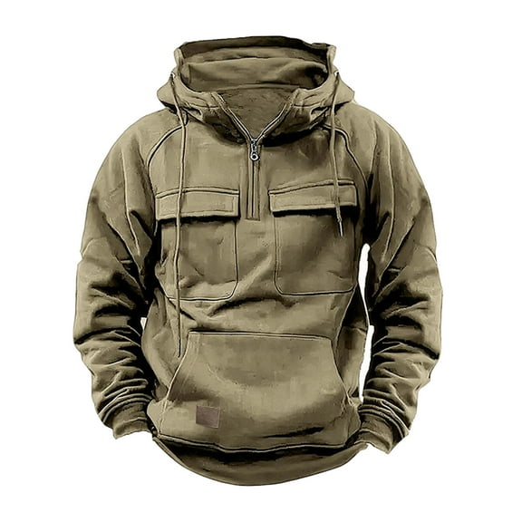 CaComMARK PI Clearance Hoodies for Men Hooded Sweatshirt with Pocket 1/4 Zip Outdoor Sports Cargo Pullover Khaki 10(XL)