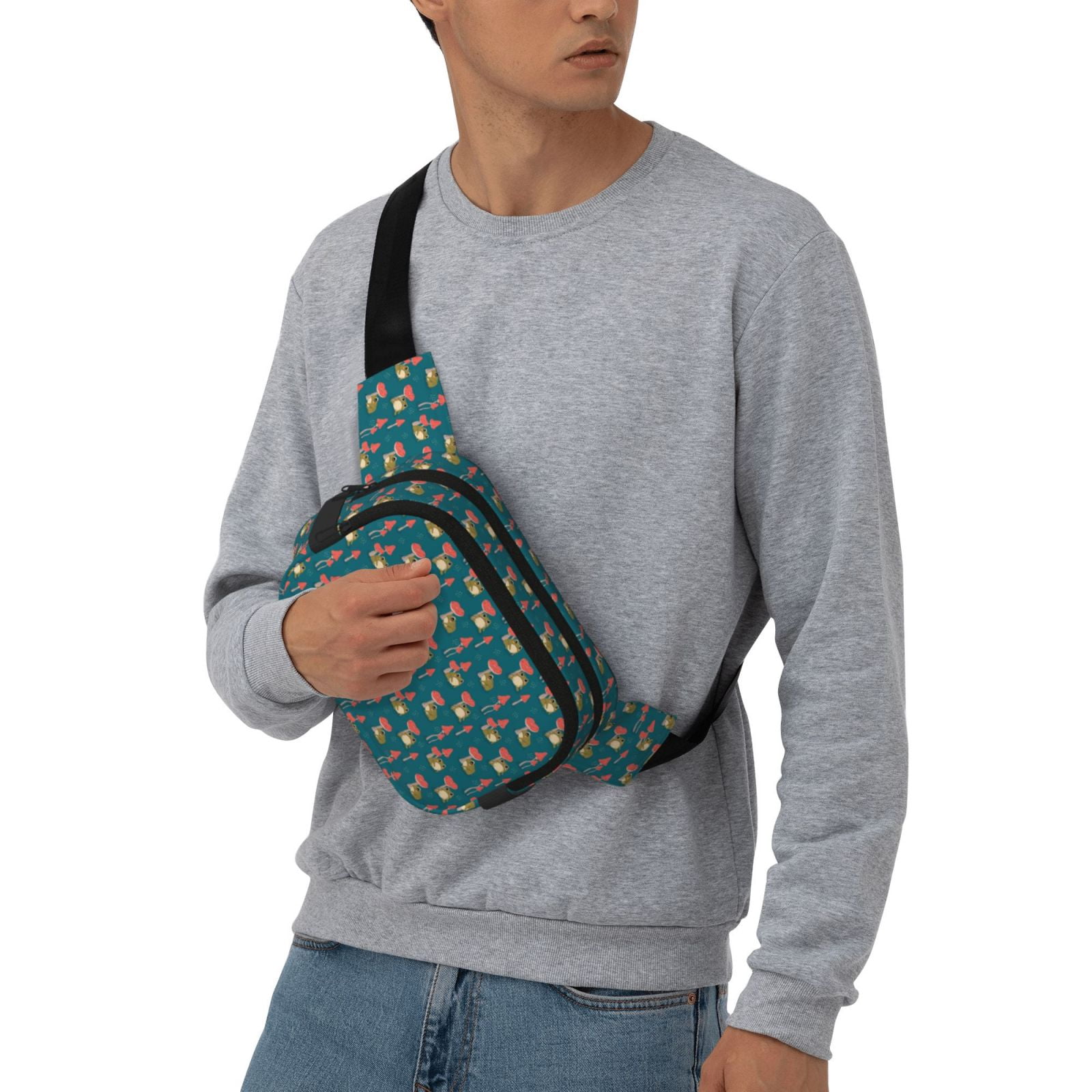 Picia Frog and Mushrooms Print Square Double-Layer Waist Bag Mini Adjustable Waist Belt Bag Exercise Running Travel Hiking