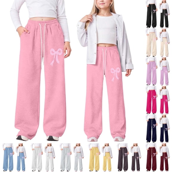 MUXiin Girls Sweatpants Bowknot Baggy Y2k Parachute Track Pants Elastic Waist Girls Sweatpants Joggers Open Bottom Comfy Sweat Pants with Pockets Preppy Kids Clothes Size