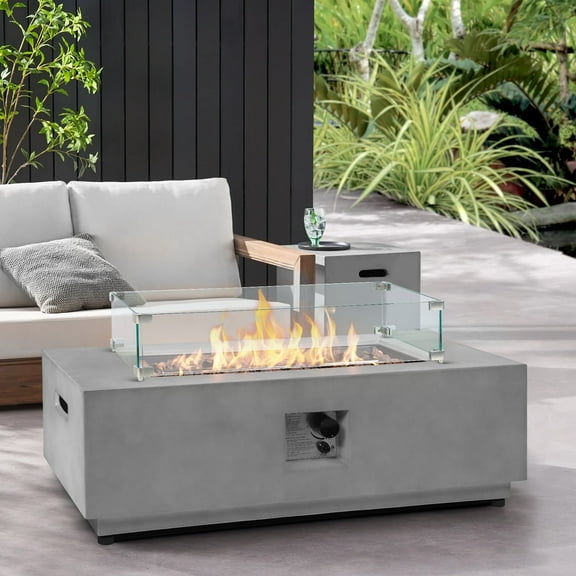 ReeQuo 42" Rectangular Propane Fire Pit with Propane Tank Cover Wind Guard - 3 Piece Concrete Fire Table CSA Certified, 50,000 BTU Outdoor Firepits with Steel Lid, Rain Cover, Lava Rocks