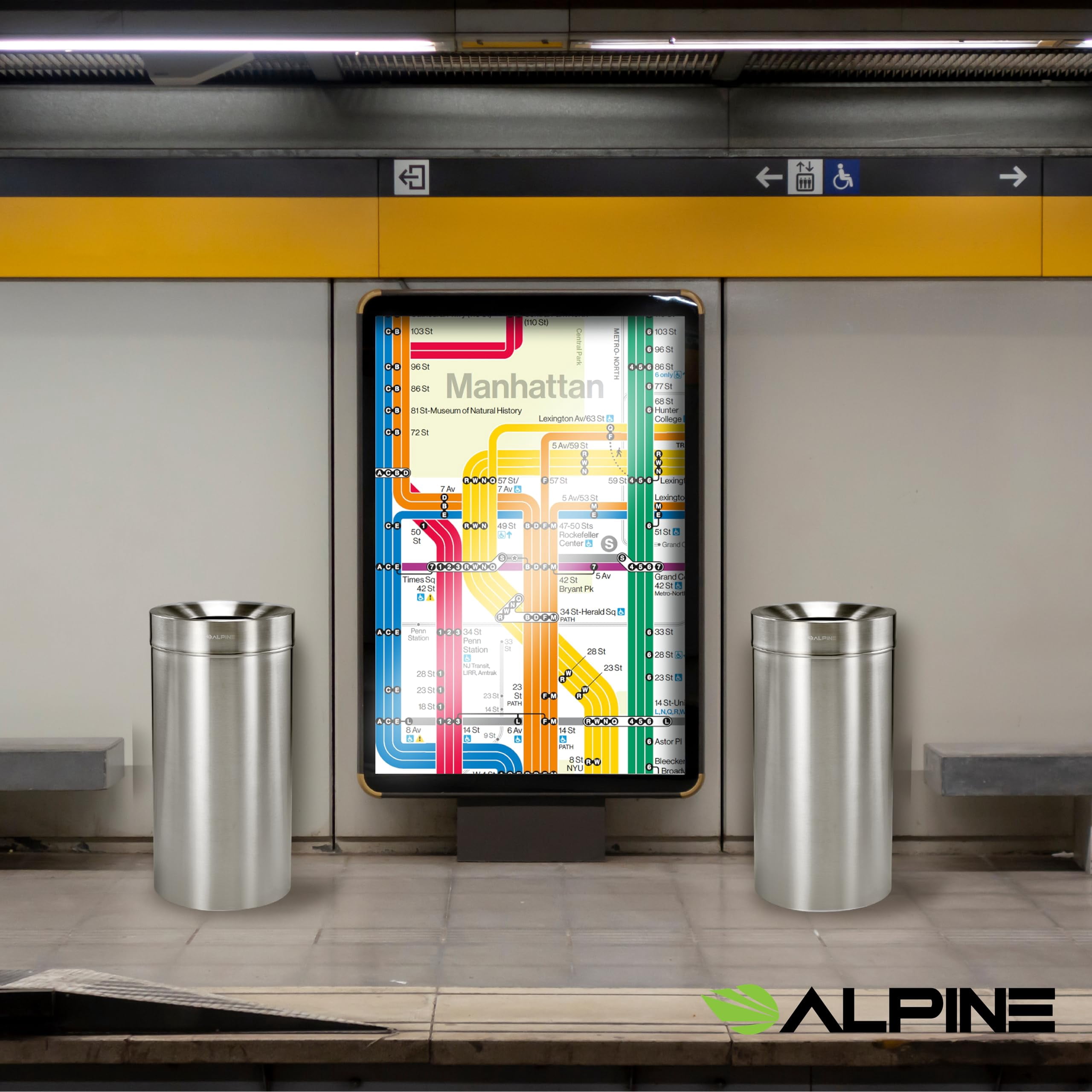 Alpine Industries 27 Gallon Stainless Steel Trash Can - Heavy Duty Indoor Garbage Bin - Corrosion Proof Waste Disposal for High-Traffic Areas