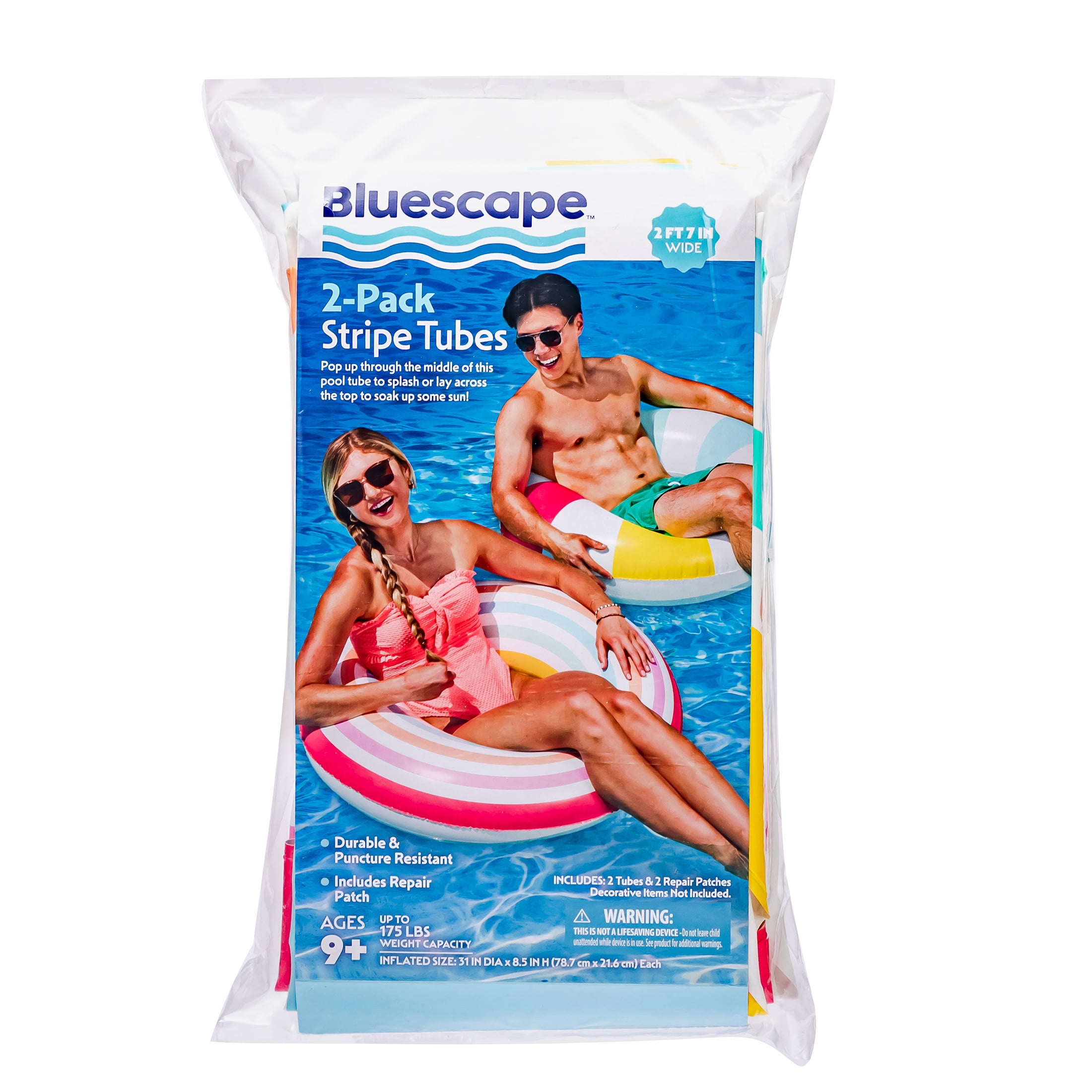 Bluescape Inflatable Stripe Swim Tube Pool Float 2-Pack, Multicolor Stripes, Age 9+