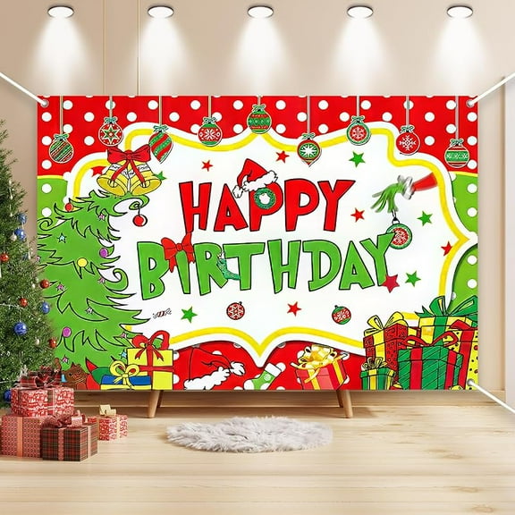 Happy Birthday Red and Green Backdrop,Green Christmas Winter Holiday Party Decorations for Kids Party Supplies, Backgrounds, Birthday Backdrop, Background Photo 7x5ft