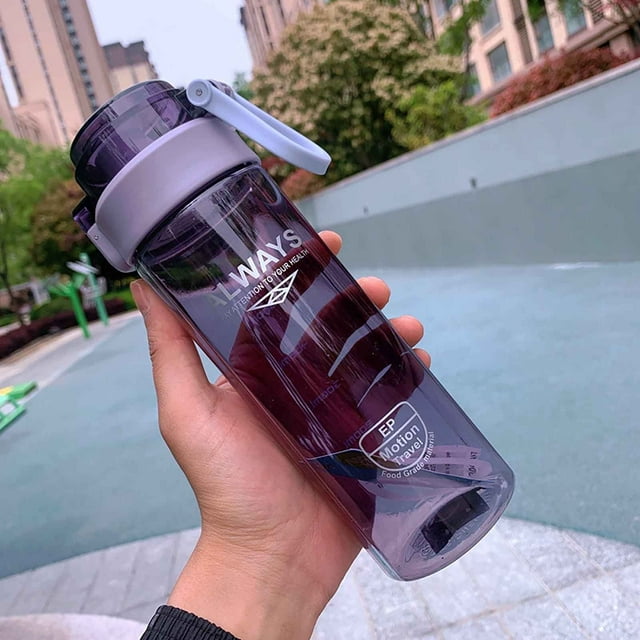 Gran taza deportiva de plástico, botella de agua portátil con asa, taza de fitness de color púrpura