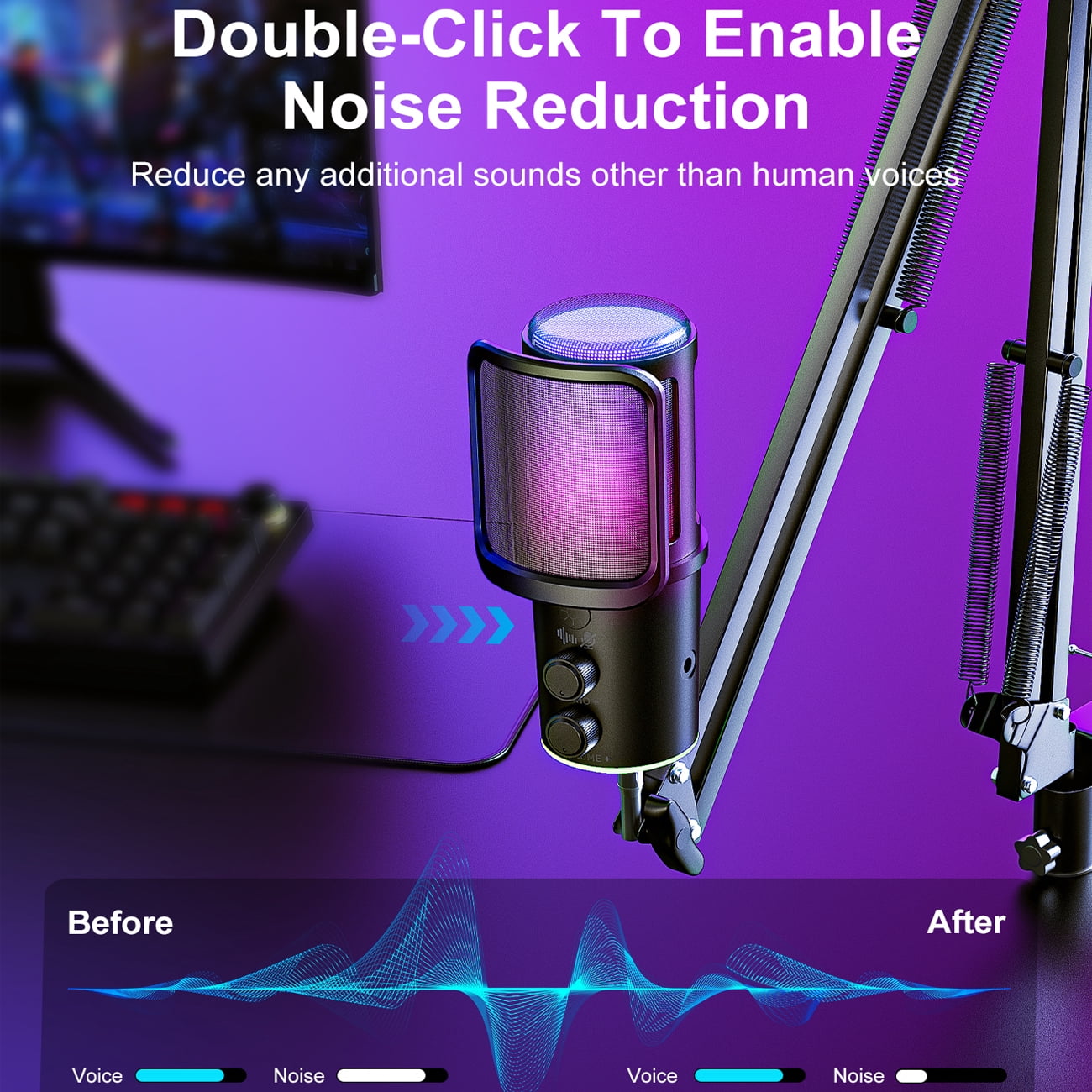 ONIKUMA USB Gaming Microphone with Boom Arm, Noise-Cancelling Condenser Mic for Streaming, Podcast, PC, Mac, PS4/PS5