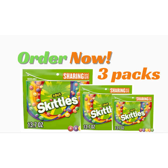 Skittles Sour Candy, Chewy Fruit Candies, Share Size, 13.7 oz Bag, 3 Pack