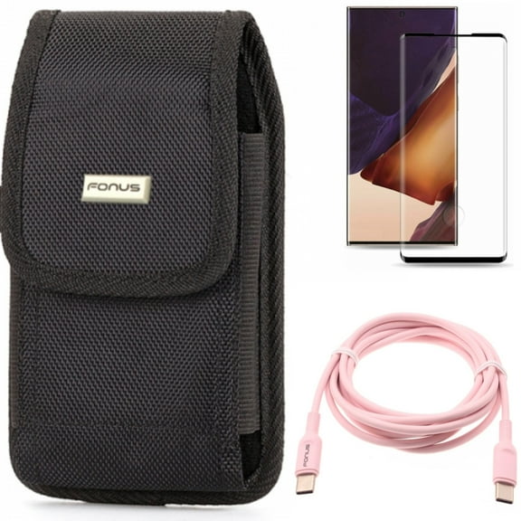 Screen Protector & Pink 6ft Long Cable & Case Belt Clip for Samsung Galaxy Note 20 Ultra (6.9") - Combo with Tempered Glass (Fingerprint Unlock) & USB-C to Type-C PD Fast Charger & Swivel Holster