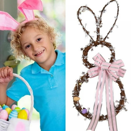 

Home Décor LED Bunny Garland/Spring Wreath – Handmade Bunny Shaped Rabbit Rattan Circle Pendant for Easter Decorations for Front Door Wall Window