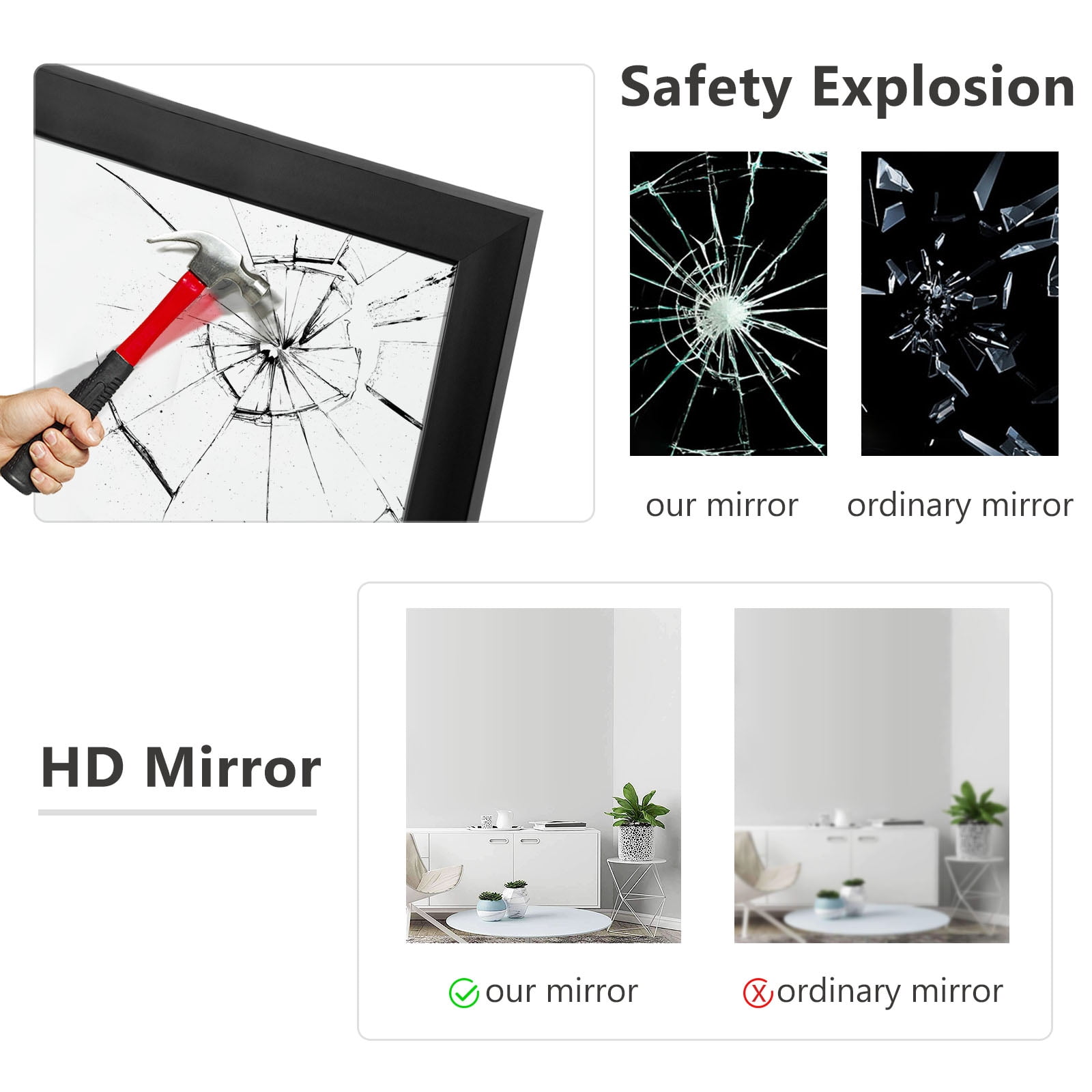 43"*16" Full Length Over The Door Mirror Hanging Mirror for Bedroom Dorm Room Black