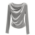 thumbnail image 4 of Lenpel Satin Blouses for Women Trendy Long Sleeve Crew Neck Ruched Curved Hem Dressy T Shirts Business Casual Tops(Silver,Medium), 4 of 5