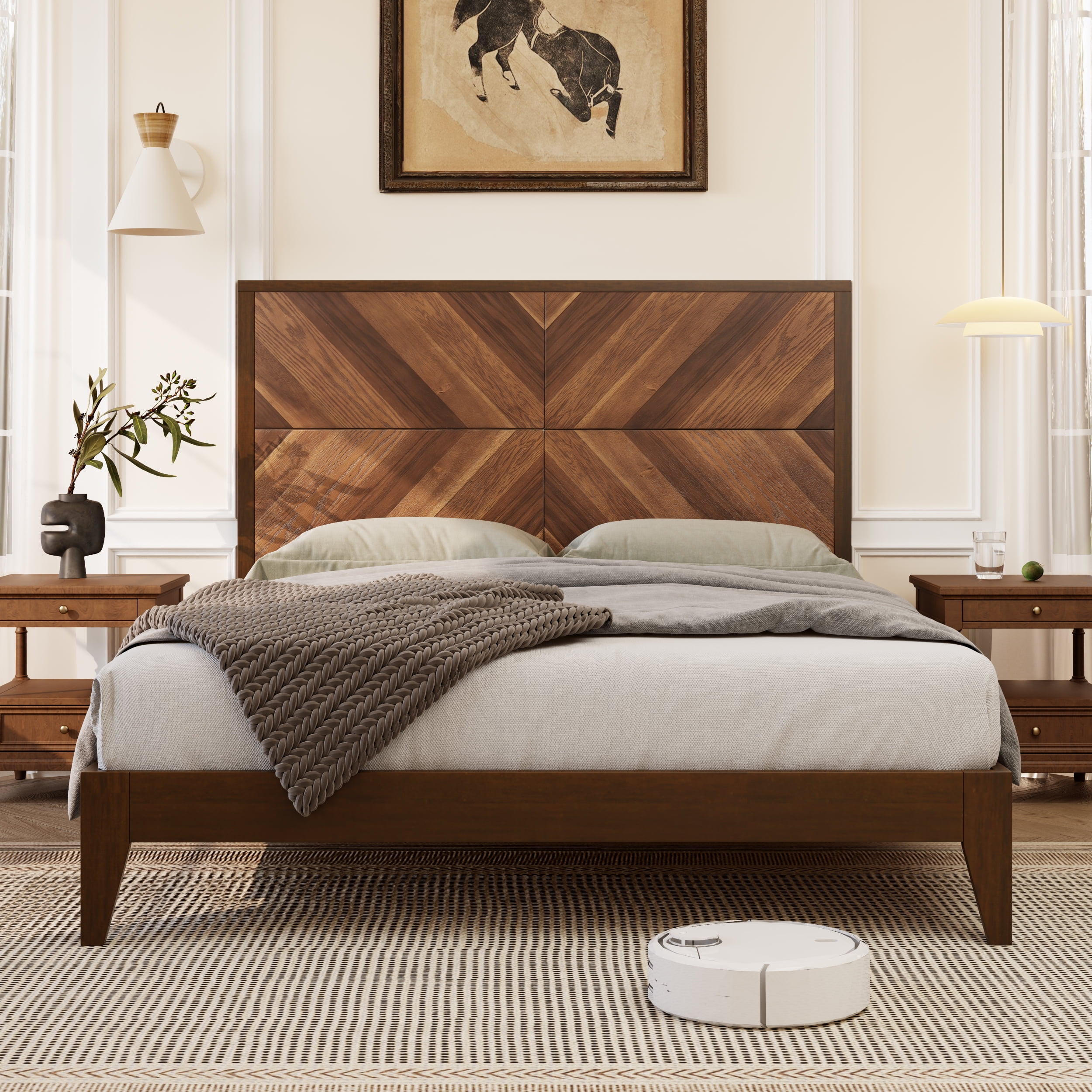 Euroco Mid-Century Wood Platform Bed, No Box Spring Needed, King, Walnut