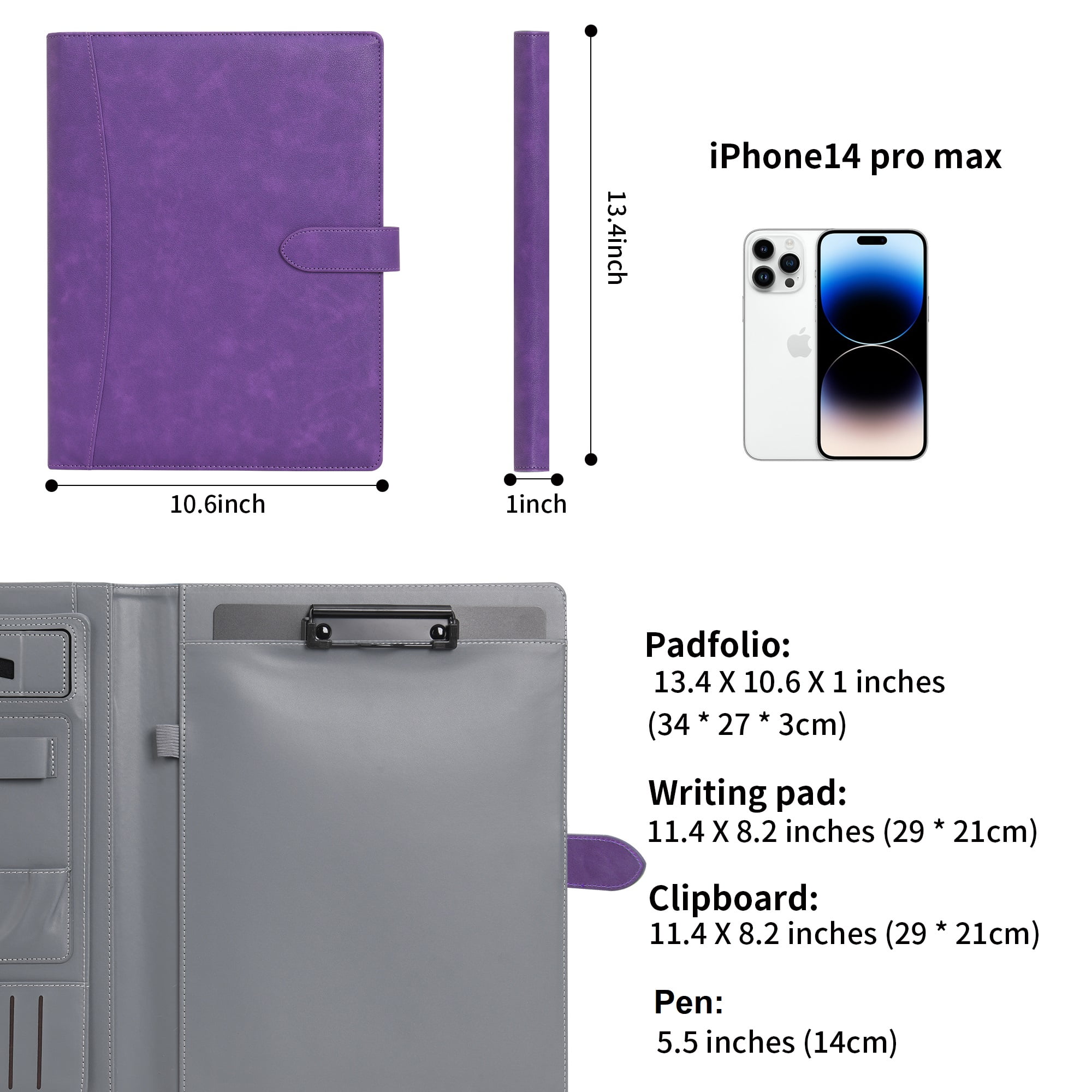 Wason Portfolio Padfolio A4 Leather Holder File Document Case with Writing Pad and Removable Clipboard for Organizer Office School Travel (Purple)