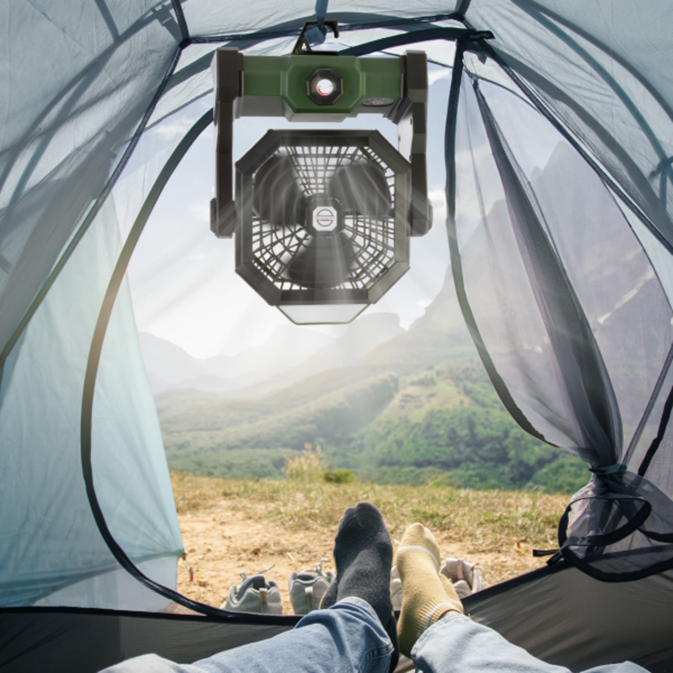 Camping Fan with Tent Light - Rechargeable 5400mAh Lithium Battery Operated Portable Fan - Camping Essentials for Tenting by Wakeman Outdoors (Green)