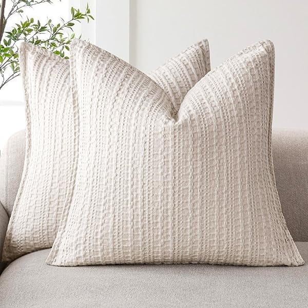 Chenchen Set of 2 Decorative Cotton Waffle Weave Textured Throw Pillow Covers Euro Sham Cushion Covers Accent European Pillowcase For Bed Couch Sofa Bedroom Living Room Home Decor 18×18 Inch Oatmeal