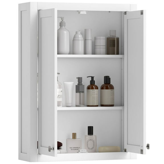 KDTHTF Bathroom Wall-Mounted Medicine Cabinet, White MDF Material, Double 3-Level Adjustable Shelves, Magnetic Door, Large-Capacity Storage