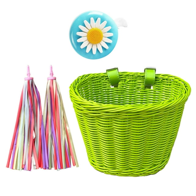 Almencla Kids Bike Basket Bike Accessories with Bell Handlebar Basket Green
