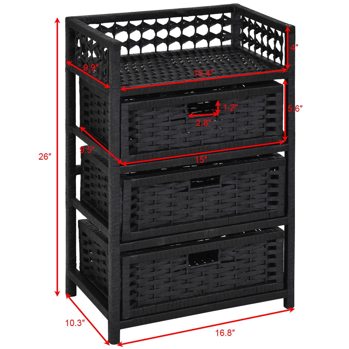 Gymax Storage Chest Tower Shelf 3 Drawer Wicker Baskets Storage Unit Black