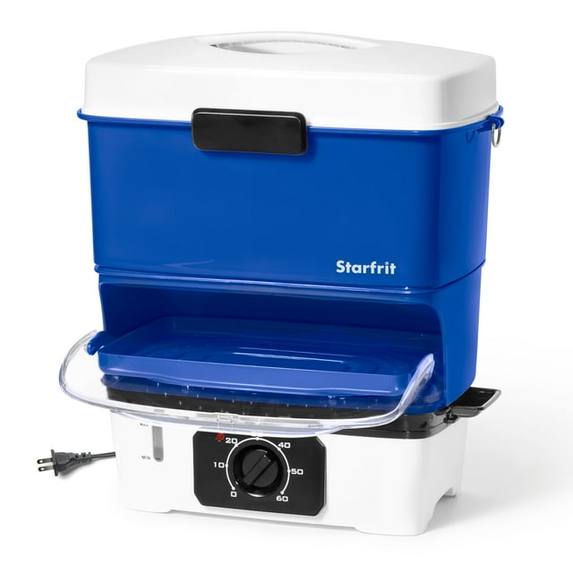 Starfrit Electric Hot Dog Steamer, 12-Sausage Capacity, 60-Min Timer, Fast 12-Min Cooking, Compact Nesting Storage, Sliding Tray, Blue